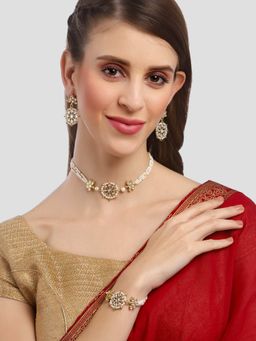 Karatcart - Gold Plated Floral Pearl Beaded Choker Necklace with Earrings and Bracelet (Set of 3)