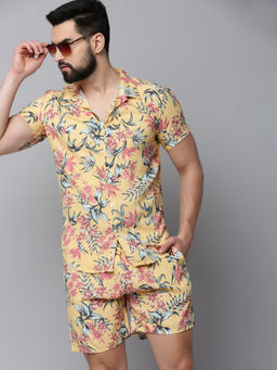 SHOWOFFFF - Yellow Cotton Blend Half Sleeves Floral Co-Ord Set