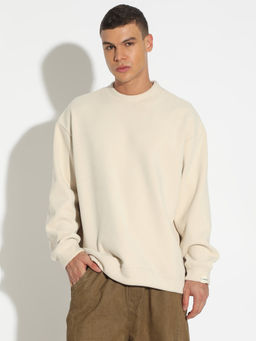SHOWOFFFF - Cream Cotton Blend Full Sleeves Round Neck Solid Sweater