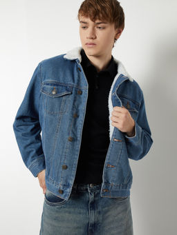 max - Blue Polyester Blend Full Sleeves Solid Denim Jacket