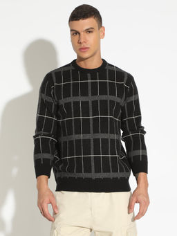 SHOWOFFFF - Black Acrylic Full Sleeves Round Neck Checks Sweater