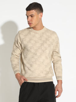 SHOWOFFFF - Beige Acrylic Full Sleeves Round Neck Textured Sweater