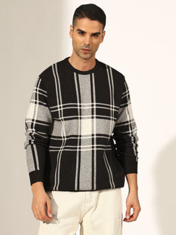 SHOWOFFFF - Black Acrylic Full Sleeves Round Neck Checks Sweater