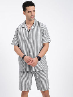 SHOWOFFFF - Grey Cotton Blend Half Sleeves Stripes Co-Ord Set