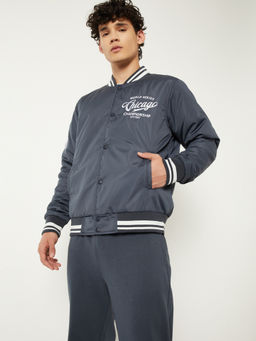 max - Blue Polyester Full Sleeves Typography Bomber Jacket