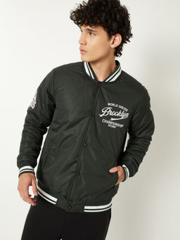 max - Green Polyester Full Sleeves Typography Bomber Jacket