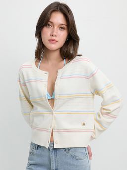Pomelo - Round Neck Pastel Pointelle Stripe Cardigan - Ivory