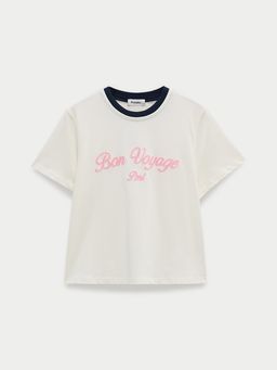 Pomelo - Ribbed T-Shirt with Bon Voyage Embroidery - Ivory