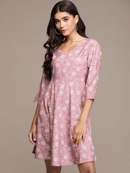 Ziyaa - Womens Pink Crepe Fit and Flare Dress