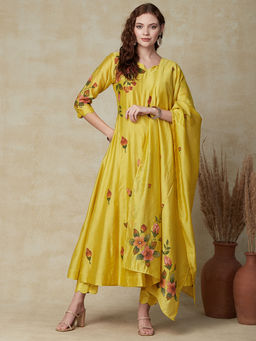 FASHOR - Painted Kurta & Dupatta with Pants - Yellow (Set of 3)