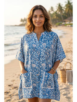 NAVYAS FASHION - Blue Floral Block Print Cotton Kaftan