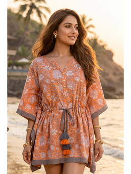 NAVYAS FASHION - Orange Floral Block Print Cotton Kaftan