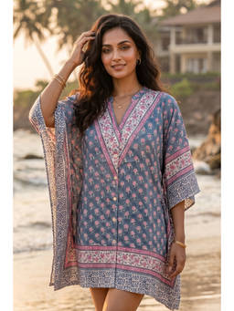 NAVYAS FASHION - Blue Floral Block Print Cotton Kaftan