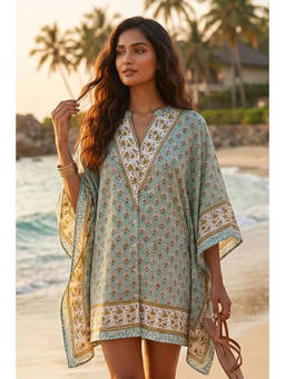 NAVYAS FASHION - Sage Green Floral Block Print Cotton Kaftan