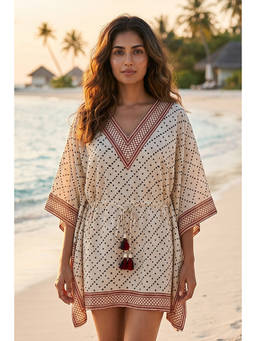 NAVYAS FASHION - Beige Bagru Block Print Cotton Kaftan