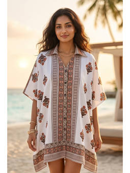 NAVYAS FASHION - White Cotton Mulmul Block Print Kaftan