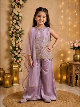Tiny Kingdom - Silk Woven Floral Embroided Top And Palazzo With Dupatta - Lavender