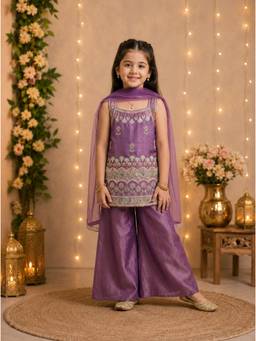 Tiny Kingdom - Organza Woven Floral Embroided Kurti And Palazzo With Dupatta - Purple