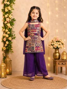 Tiny Kingdom - Georgette Woven Floral Kurti And Palazzo With Dupatta - Purple