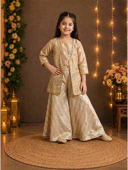 Tiny Kingdom - Satin Floral Embroided Top And Palazzo With Jacket - Cream