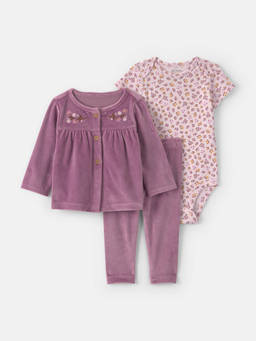 Carter's - Infant Girls Floral Cardigan With Bodysuit And Pant - Purple