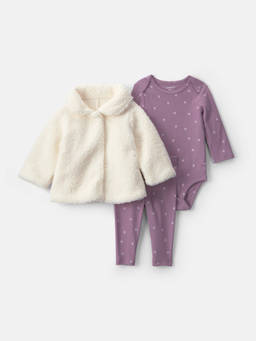 Carter's - Infant Girls Floral Bodysuit Teddy Fleece Cardigan With Pant - Purple