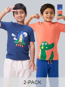 Kauma - Boys Printed Applique T-Shirt Multi-Color (Pack of 2)