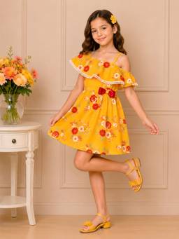 Cutecumber - Girls Fit And Flare Dress Mustard Floral Printed Dress