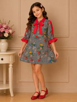 Cutecumber - Girls Cotton Blend Fit And Flare Dress Floral Printed