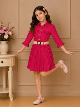 Cutecumber - Girls Fuchsia Georgette Shirt Dress With Belt