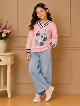 Cutecumber - Girls Fleece Sweatshirt Pink Printed Full Sleeve