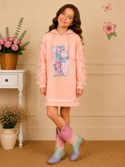 Cutecumber - Girls Pink Knit Hooded Fit And Flare Party Dress