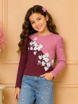 Cutecumber - Girls Cotton Blend Full Sleeve Top Floral Printed Round Neck Regular Fit