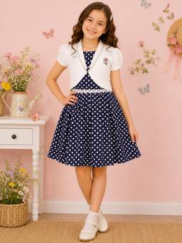 Cutecumber - Girls Blue Polka Dot Fit And Flare Dress With White Jacket