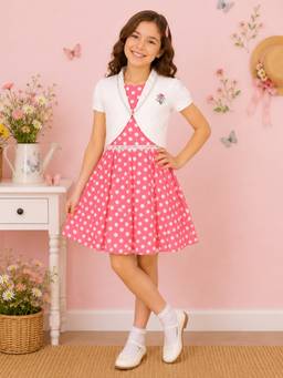 Cutecumber - Girls Pink Polka Dot Fit And Flare Dress With White Jacket