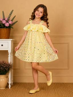 Cutecumber - Girls Yellow Polyester Net Fit And Flare Party Dress With Polka Dot