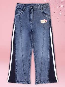Cutecumber - Girls Cotton Rich Blue Denim Wide-Leg Jeans \Stripe And Seam Detailing