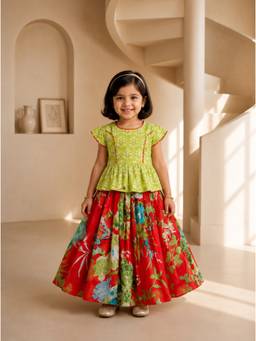EXCLUSIVE FROM JAIPUR - Green Peplum Top With Lehenga