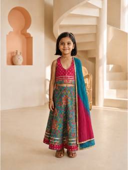 EXCLUSIVE FROM JAIPUR - Rani And Turquoise Lehenga With Top And Dupatta