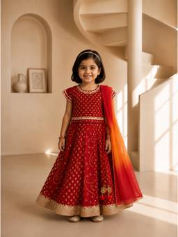 EXCLUSIVE FROM JAIPUR - Red Gold-Print Lehenga And Top With Dupatta