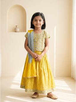 EXCLUSIVE FROM JAIPUR - Yellow And Grey Princess Cut Lehenga And Top With Dupatta