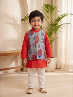 EXCLUSIVE FROM JAIPUR - Grey Floral Print Jacket With Kurta And Pyjama