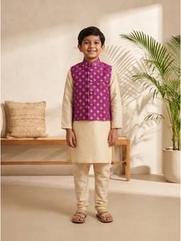 EXCLUSIVE FROM JAIPUR - Purple Gold Print Jacket With Kurta And Pyjama