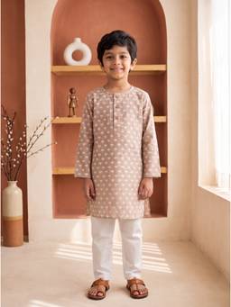 EXCLUSIVE FROM JAIPUR - Beige Printed Kurta With Pyjama