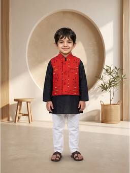 EXCLUSIVE FROM JAIPUR - Red Abstract Print Jacket With Kurta And Pyjama