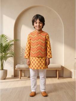 EXCLUSIVE FROM JAIPUR - Zig Zag Print Jacket With Kurta And Pyjama