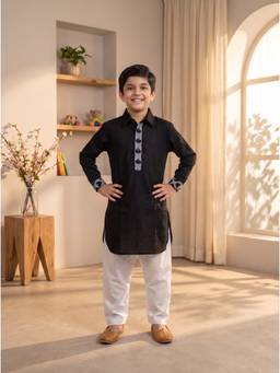 EXCLUSIVE FROM JAIPUR - Black Cotton Pathani With Salwar
