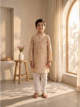 EXCLUSIVE FROM JAIPUR - Beige Floral Print Kurta With Pyjama