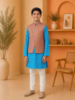 EXCLUSIVE FROM JAIPUR - Peach Printed Jacket With Kurta And Pyjama