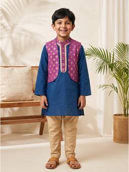 EXCLUSIVE FROM JAIPUR - Purple Gold Print Jacket With Kurta And Pyjama